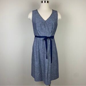 T Tahari Sleeveless Shift Dress Navy Blue Linen Blend Midi Size 6, Ribbon Sash